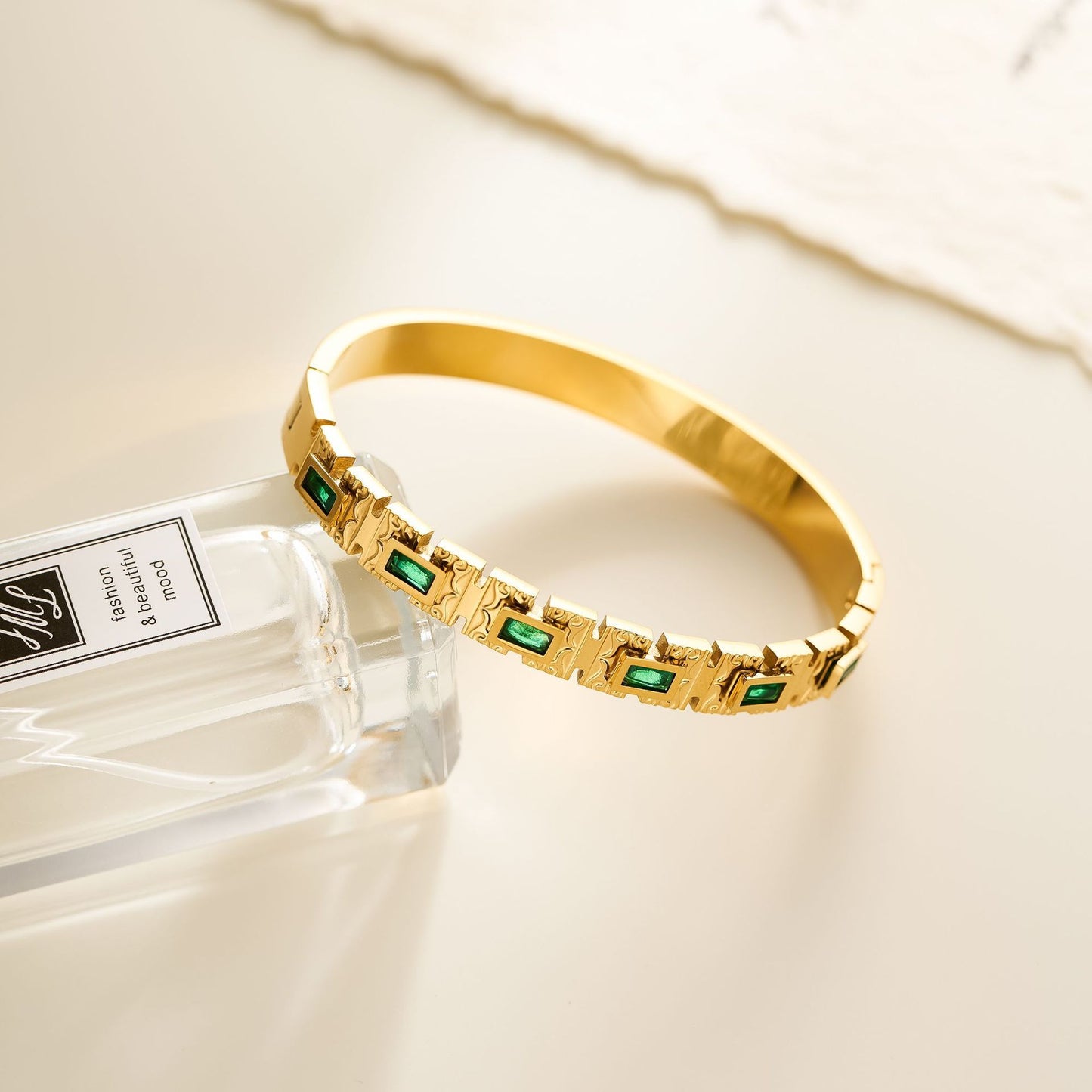 18K Gold-Plated Titanium Steel Bracelet with Green Square Zircon