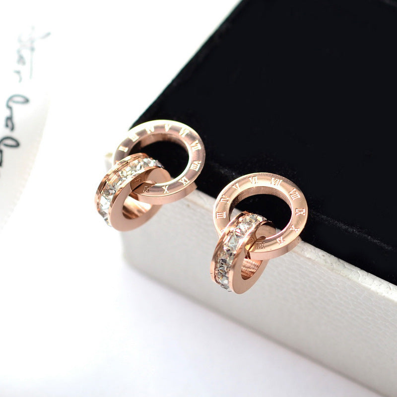 18K Gold-Plated Roman Circle Zircon Stud Earrings (Titanium Steel)