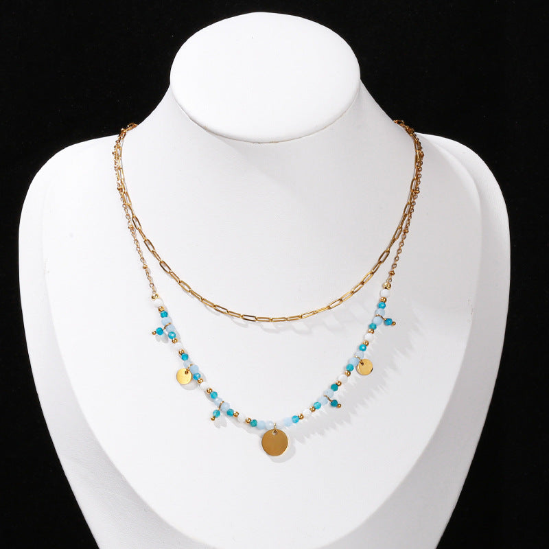 Cut natural stone stainless steel round card double-layer necklace