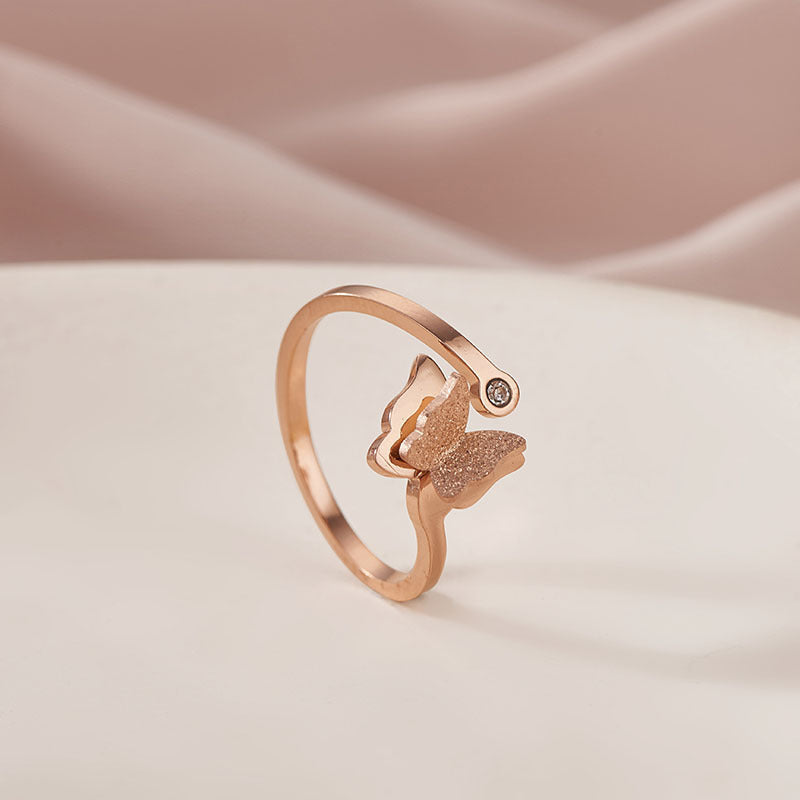Adjustable Matte Butterfly Ring with Diamond Accent — 18K Gold Titanium Steel
