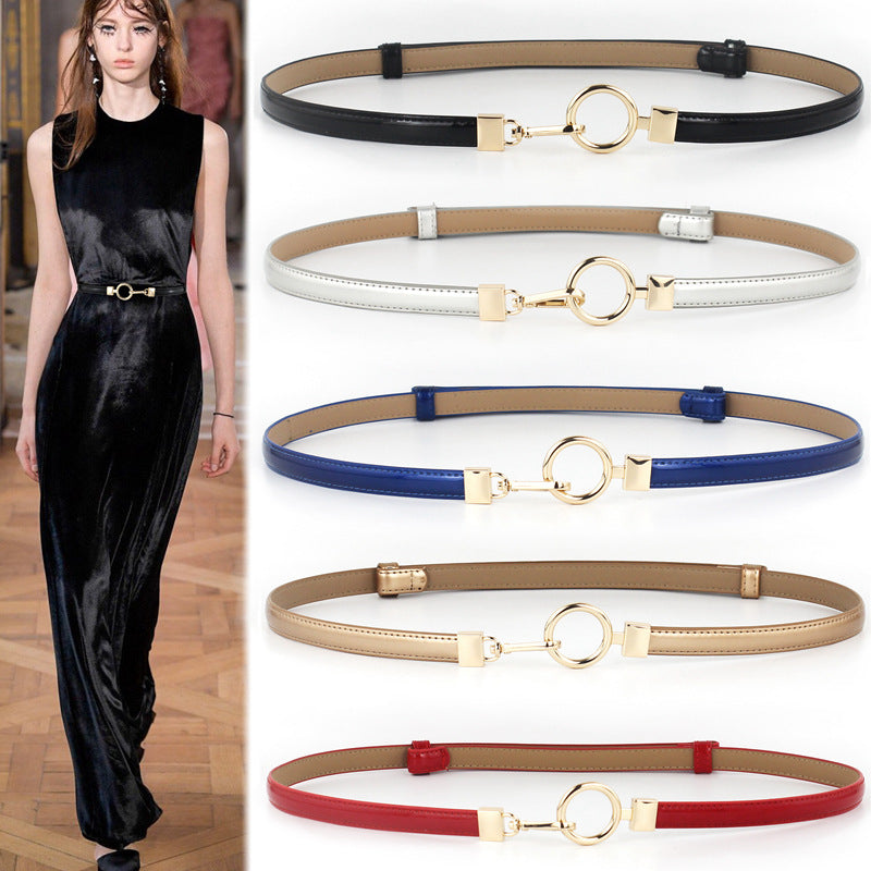 Gold buckle leather thin belt