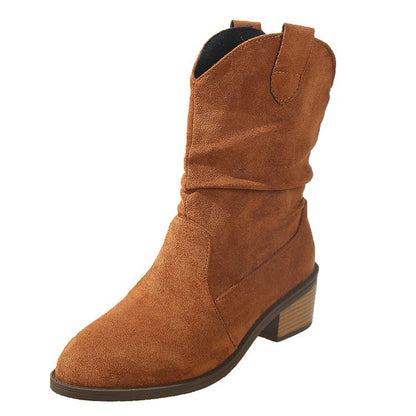 Cattle suede pointed short tube thick heel medium boots