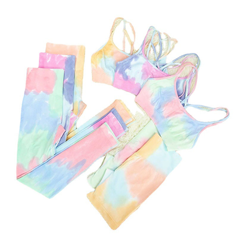 Conjunto de yoga de cintura alta con efecto tie-dye sin costuras 