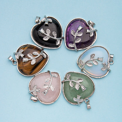 Colar de cristal ametista com pingente de rosa em formato de coração 