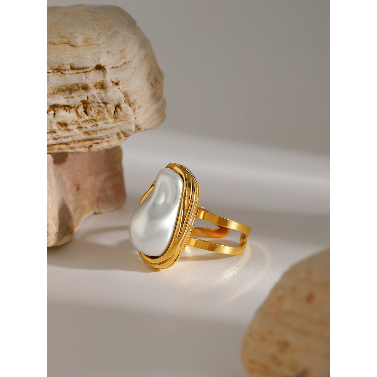 Stainless Steel Baroque Pearl Open Ring