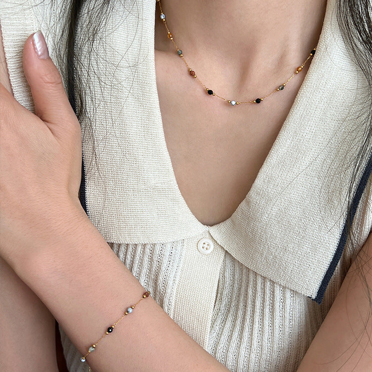 Multicolor Natural Stone Beaded Titanium Steel Necklace
