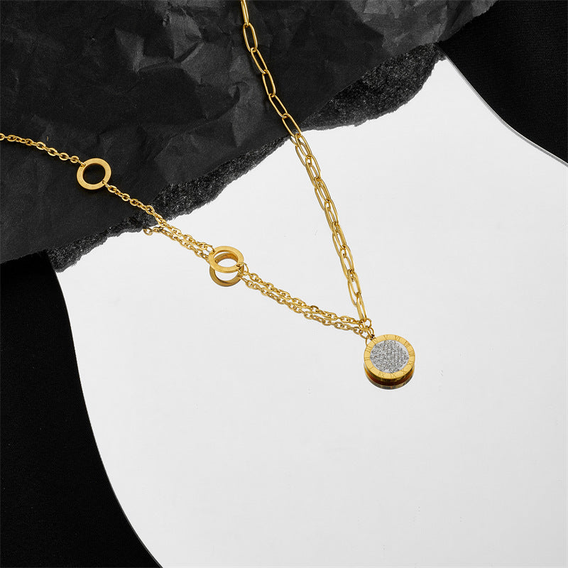 Women's 18K Gold-Plated Titanium Steel Roman Numeral Necklace with Diamond Accents