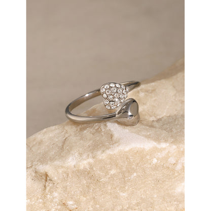 Heart-shaped rhinestone open titanium steel ring