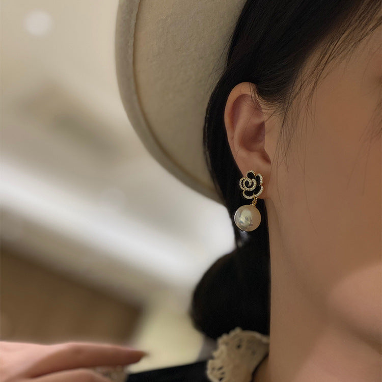Black Rose Flower Pearl Earrings