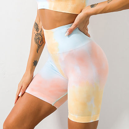 Conjunto de yoga de cintura alta con efecto tie-dye sin costuras 