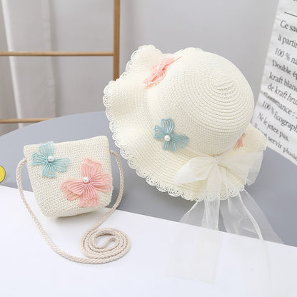 Conjunto de sombrero para el sol de verano para niñas, bolsa de paja con protección solar, elegante conjunto de encaje de princesa para bebés 