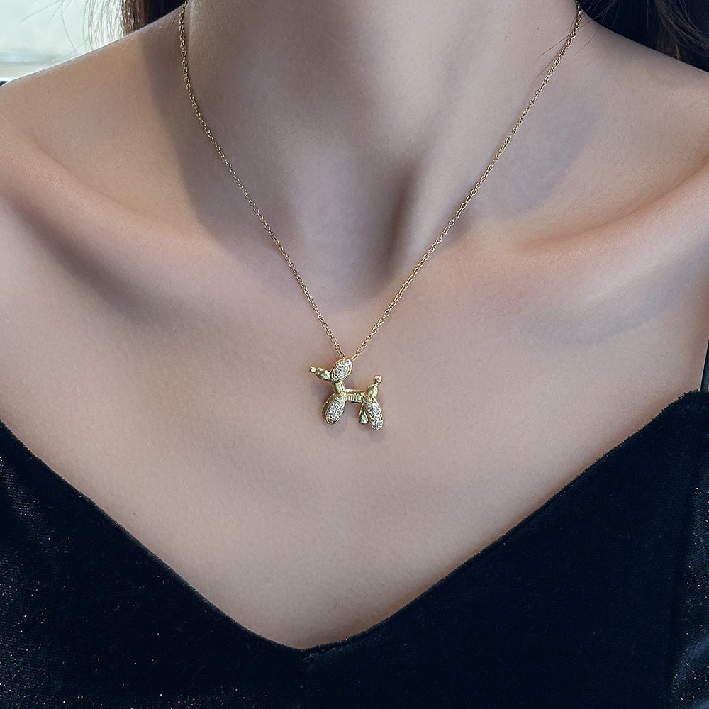 Zircon Balloon Dog Titanium Steel Collarbone Necklace