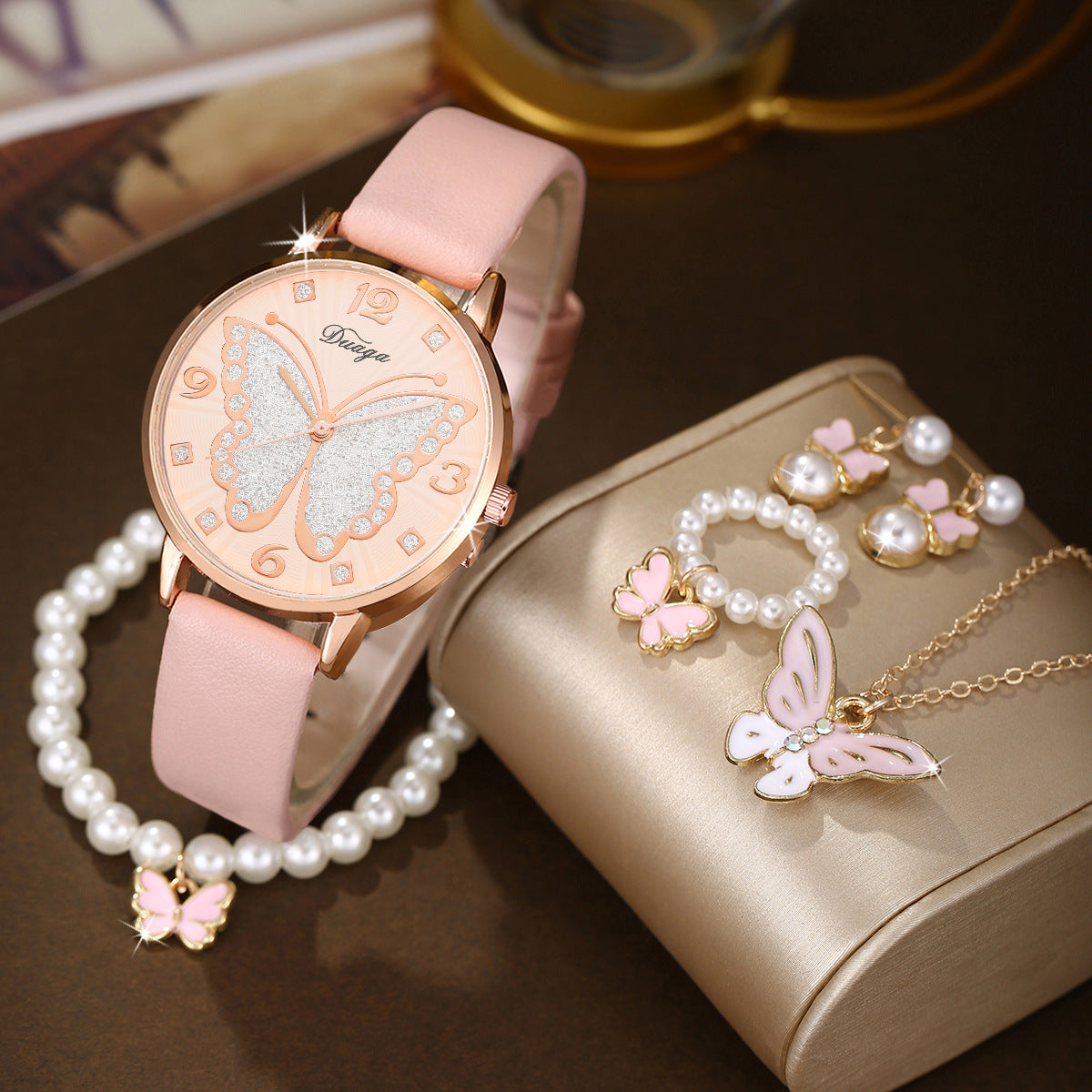 Rose Gold Diamond Butterfly Watch Pearl Jewelry Set