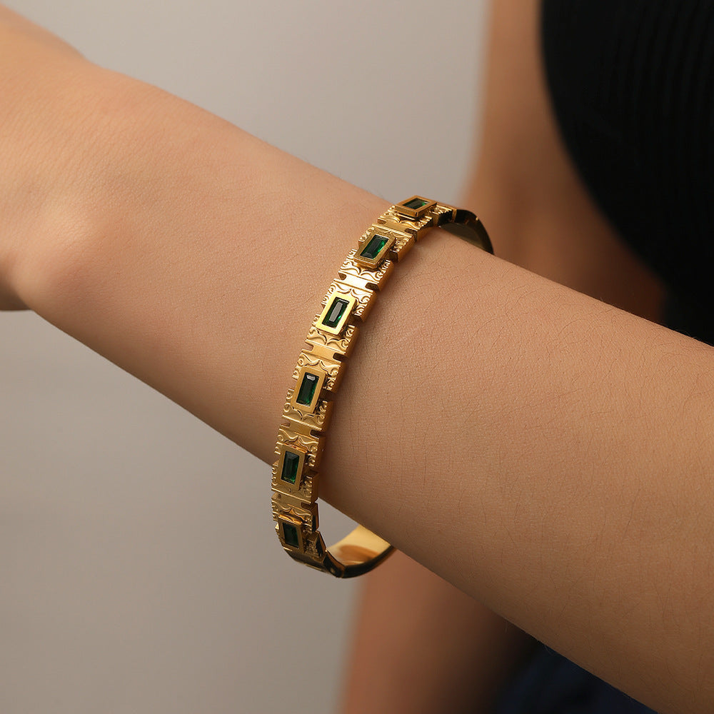 18K Gold-Plated Titanium Steel Bracelet with Green Square Zircon