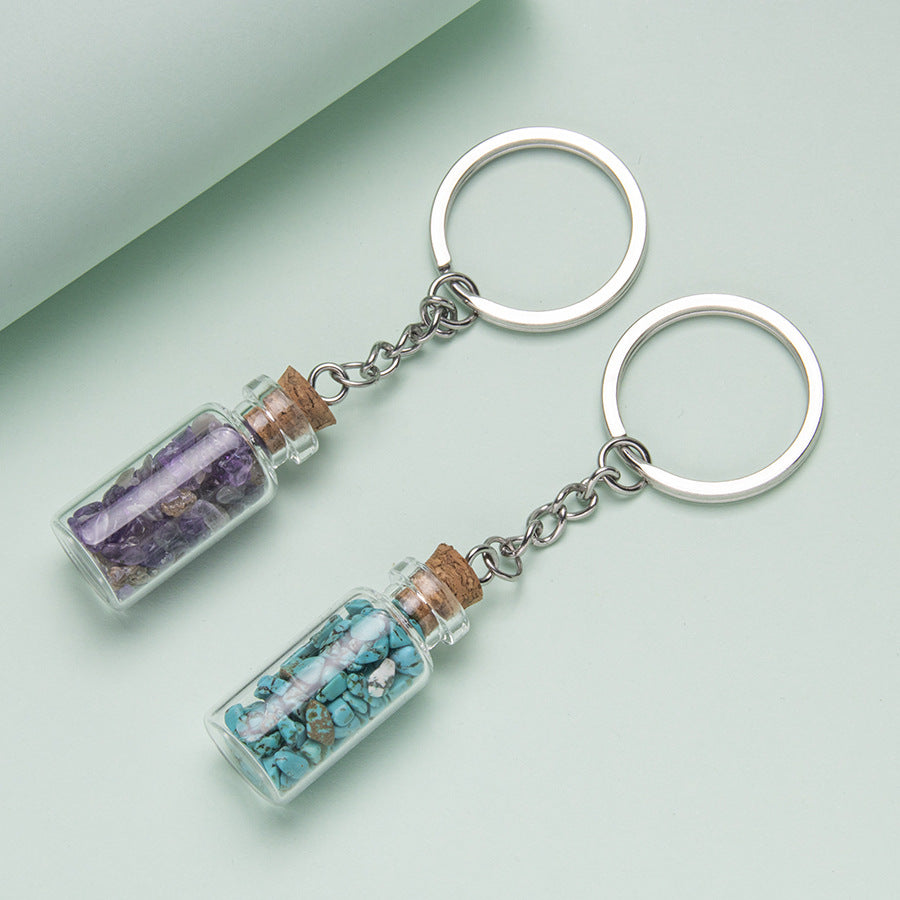 Crushed Agate Wishing Bottle Stainless Steel Keychain Pendant