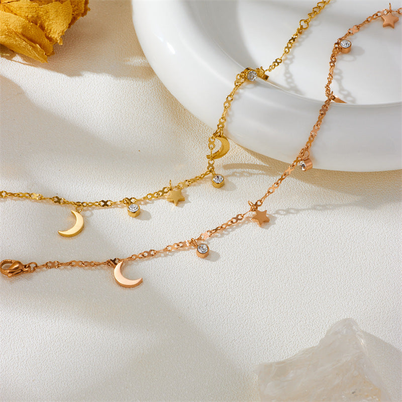 Star & Moon Diamond Titanium Steel Anklet — Rose Gold Plated