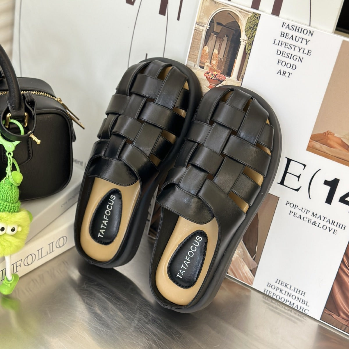 Soft leather half slippers women's new retro weaving