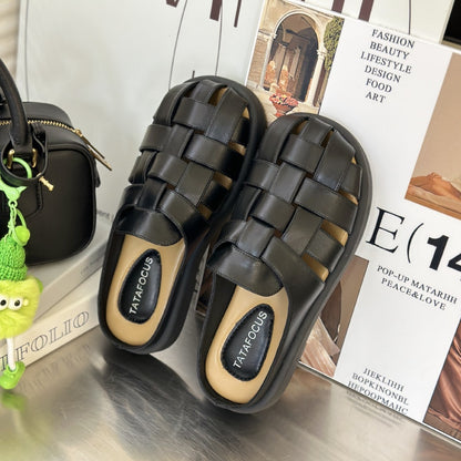 Soft leather half slippers women's new retro weaving