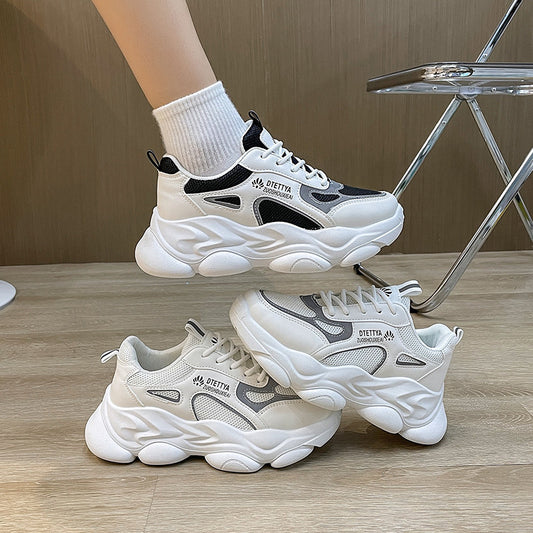 Thick-soled height-enhancing white sports shoes for women