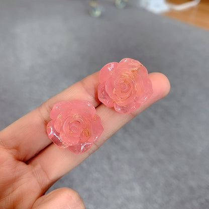 Transparent gold foil flower rose earrings