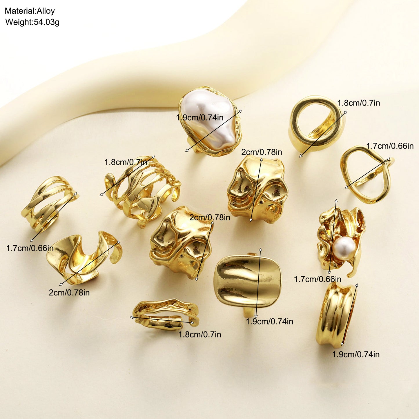 Irregular Pearl Gold-Plated 12-Piece Ring Set