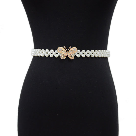 Butterfly buckle elastic elastic pearl waist chain