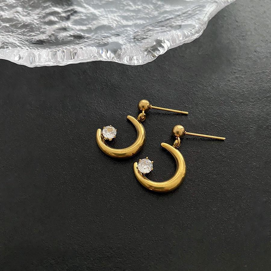 Retro Moon Zircon Titanium Steel Stud Earrings
