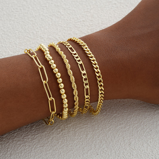 Gold Bead & Twist Chain Bracelet Set (5-Piece)