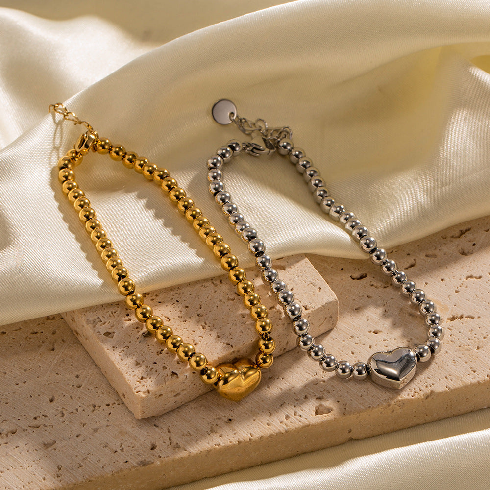 Stainless steel round bead heart bracelet