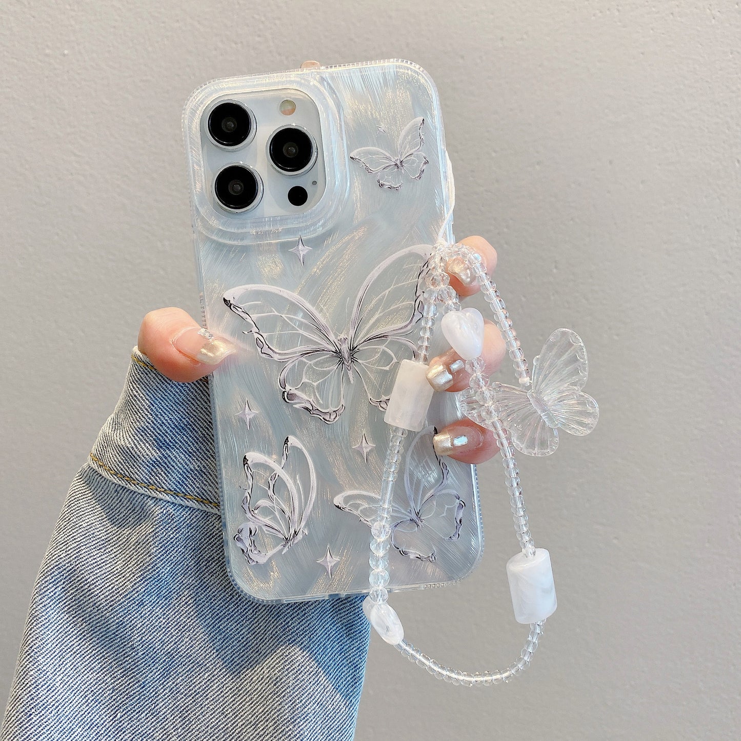 Feather Case iPhone15 Pro 12 14 Silver Butterfly Chain Hard Cover