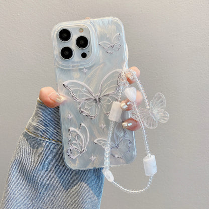 Feather Case iPhone15 Pro 12 14 Silver Butterfly Chain Hard Cover