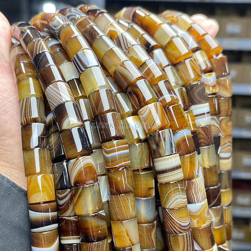12Mm Brown Striped Agate Round Tube Loose Beads