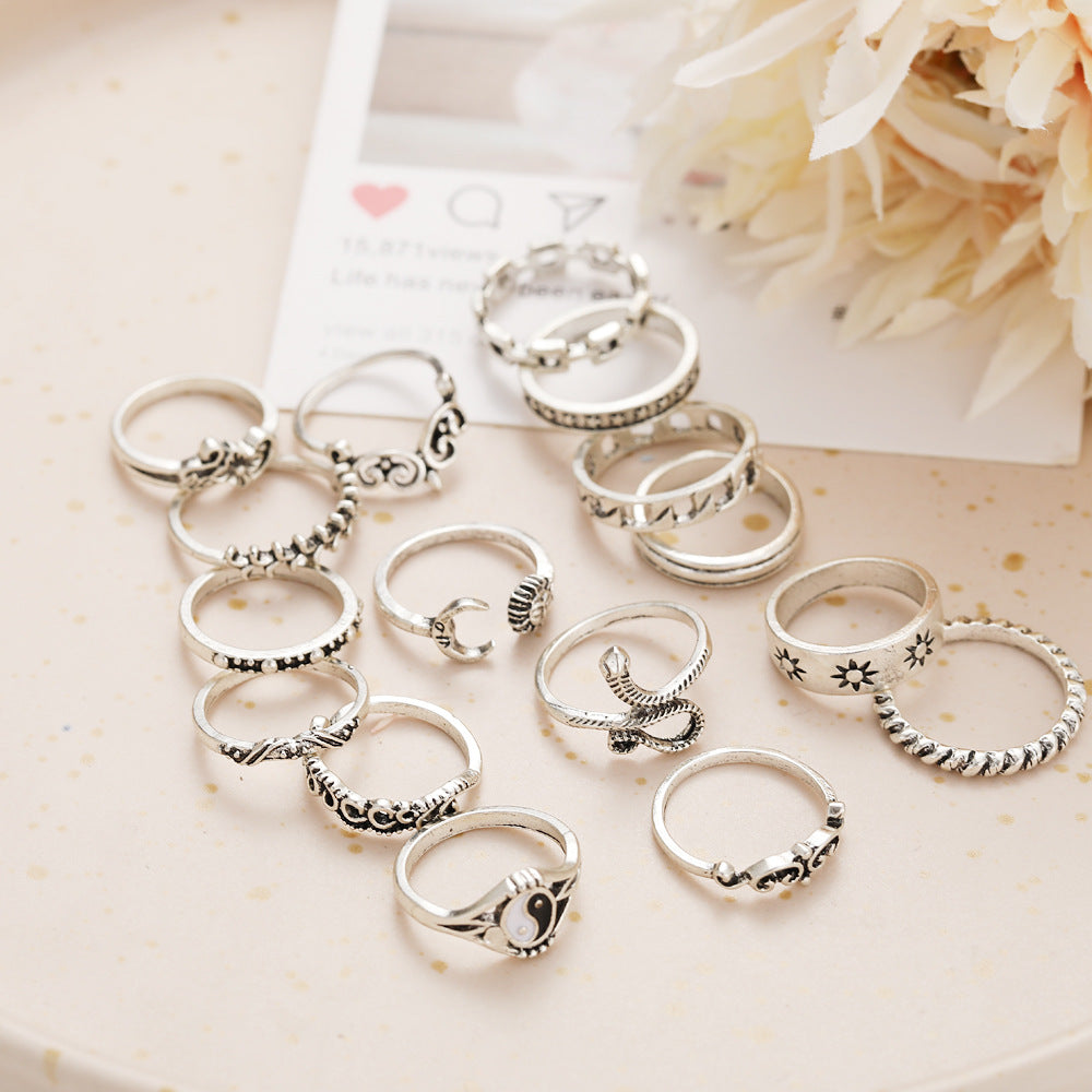15-Piece Retro Tai Chi & Snake Ring Set