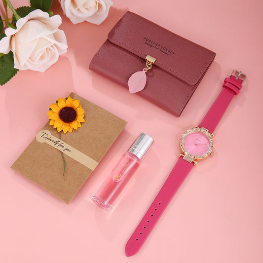 Purple Leather Strap Watch 4-piece Set