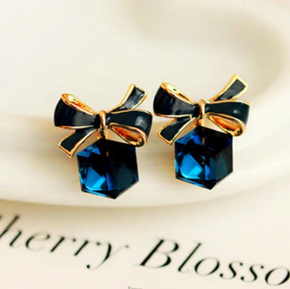Crystal square cute bow stud earrings