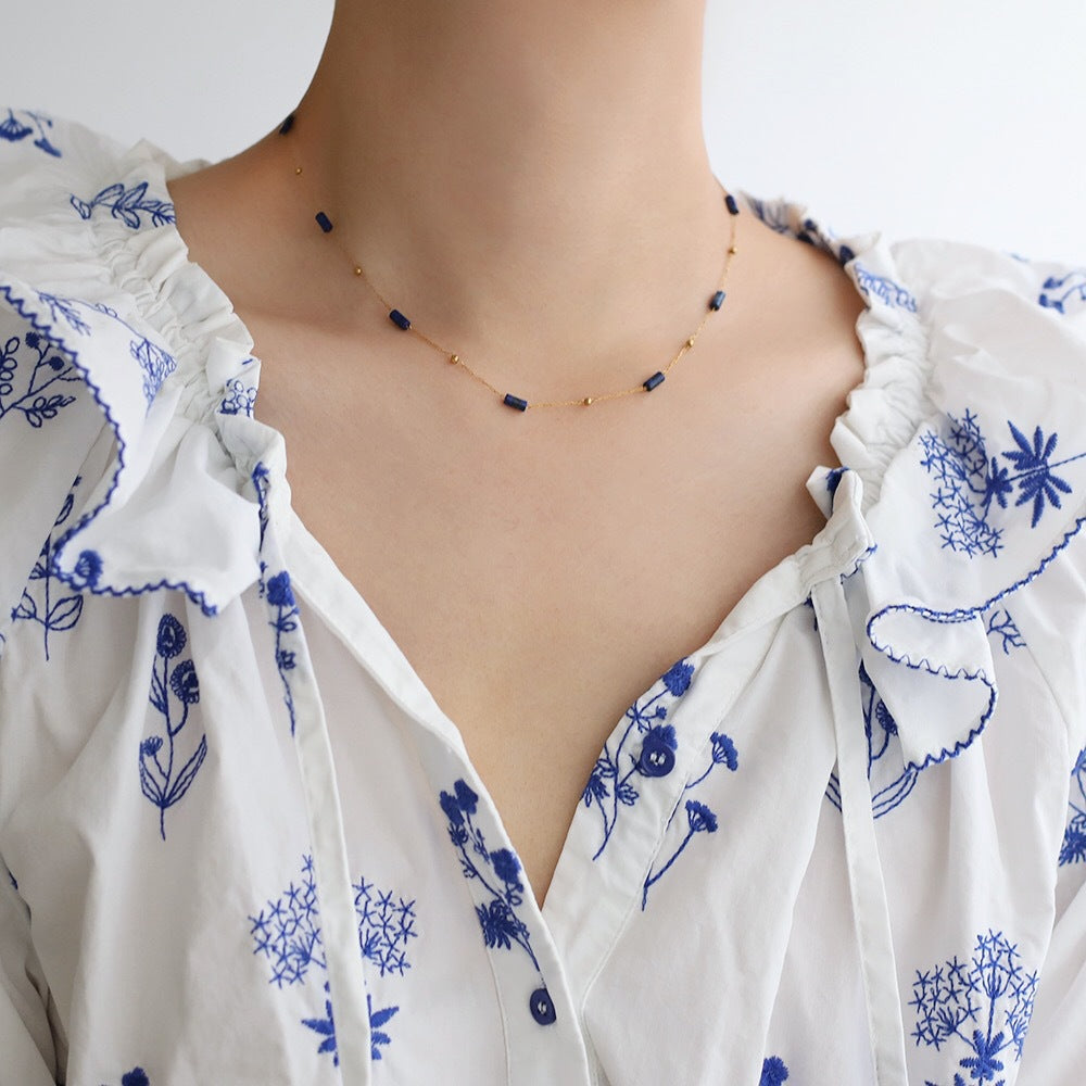 Handmade Lapis Lazuli Tube-Bead Gold-Plated Titanium Steel Collarbone Necklace