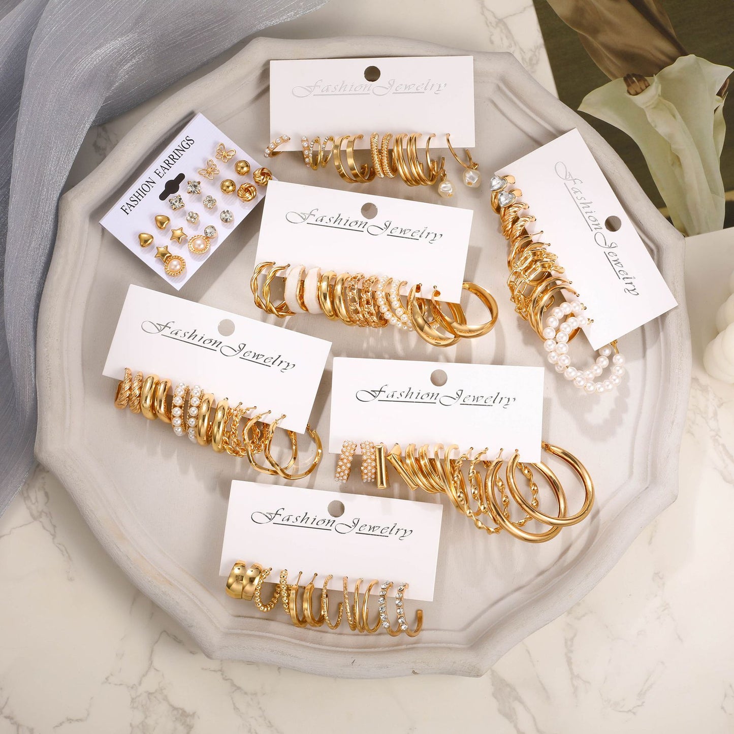 Love Imitation Pearl C-Hoop Earring Set (45-Piece)