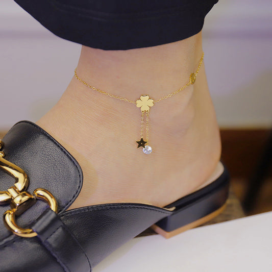 Women's 14K Gold Four-Leaf Clover & Star Anklet (Titanium Steel)