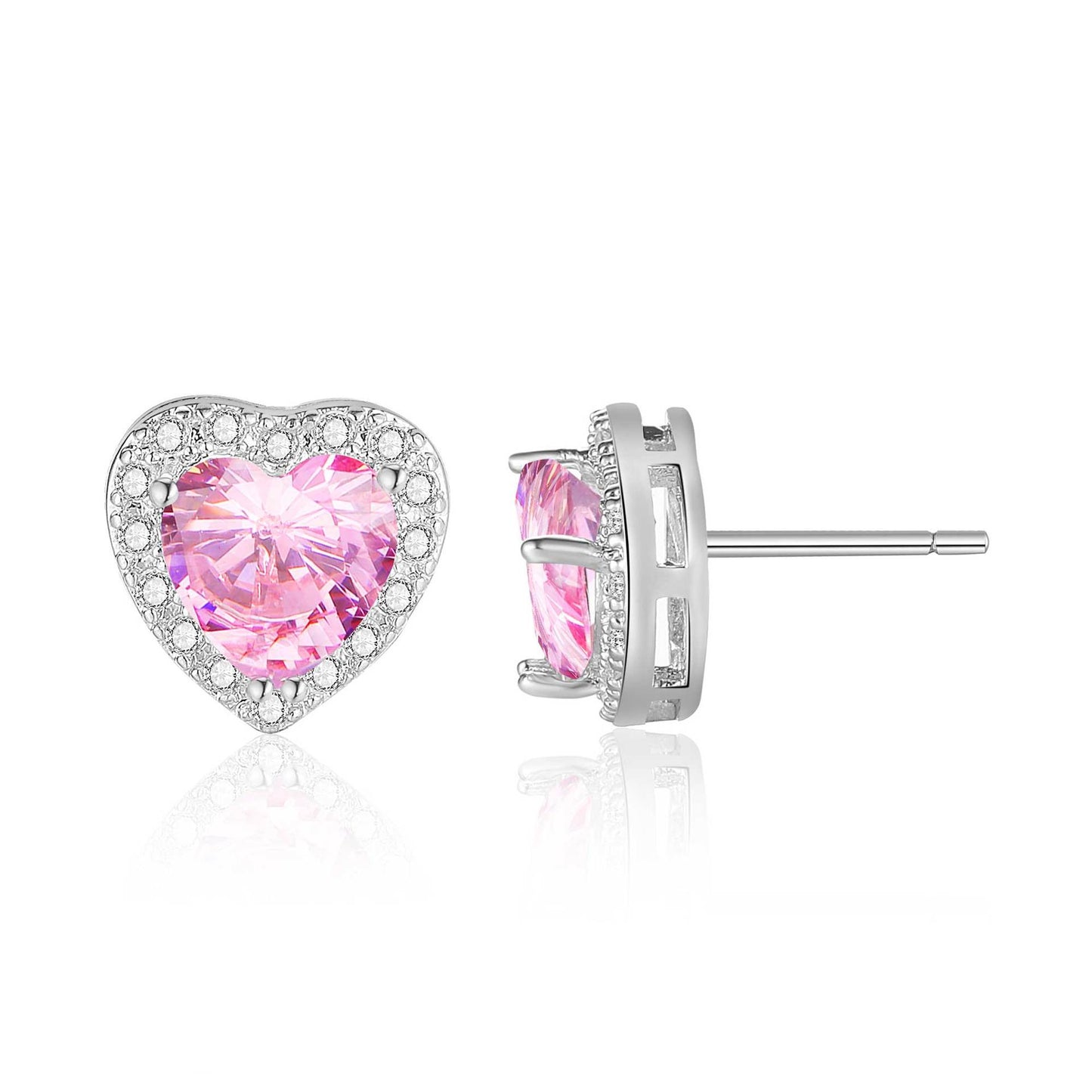 Copper inlaid 5A zircon stud earrings pink peach heart shape