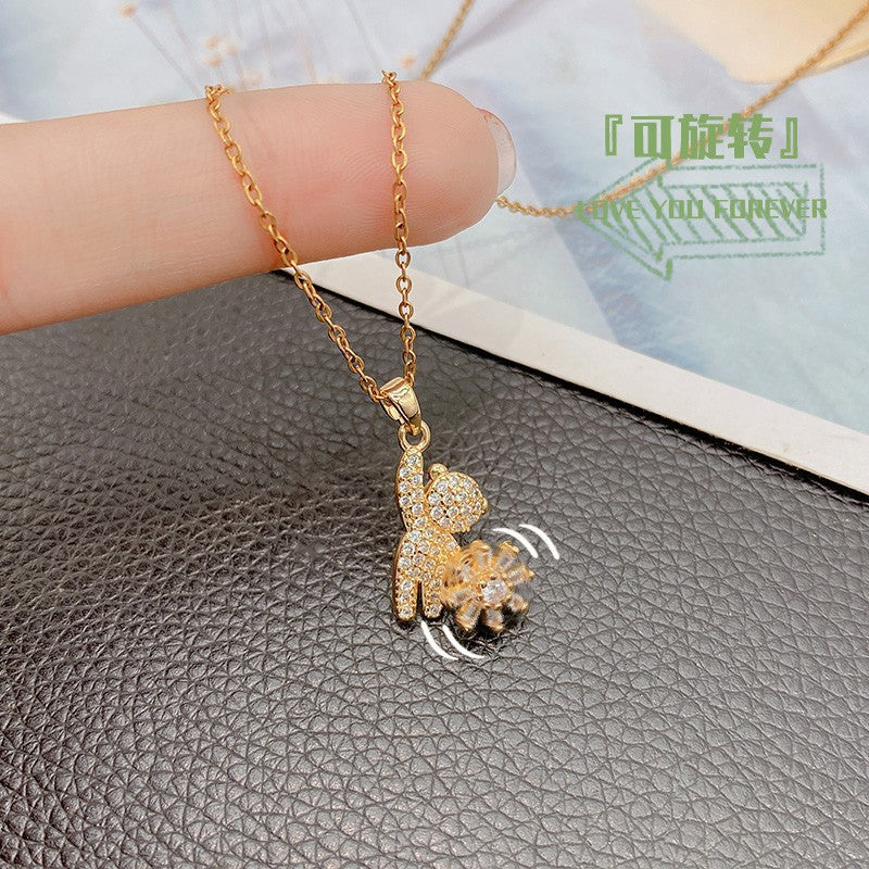 Rotating Windmill Sunflower Zircon Copper Pendant Necklace