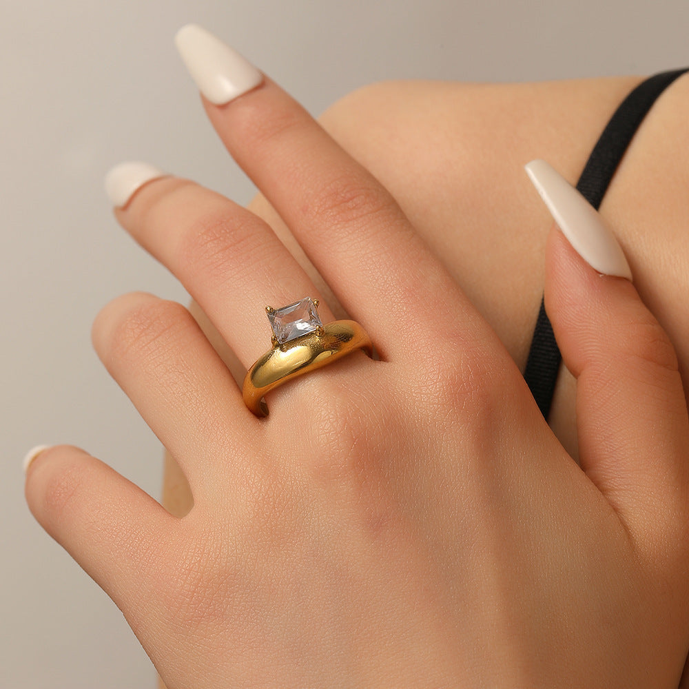 18K Gold-Plated Stainless Steel Zircon Geometric Ring — Round & Square Design