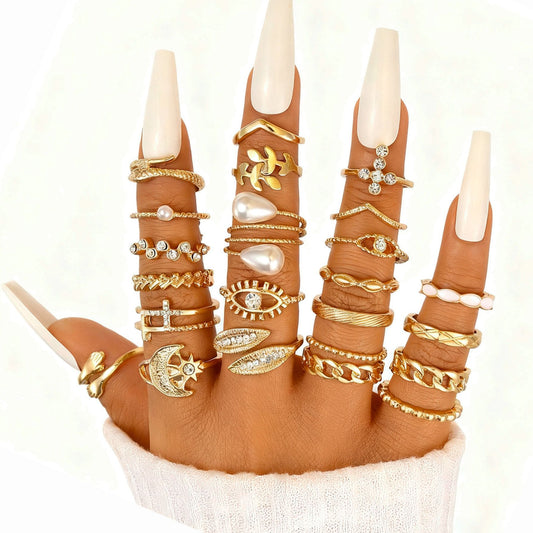 Retro Moon Eye Pearl Ring Set