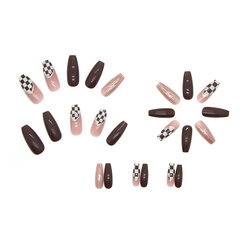 Chocolate Gold Foil Checkered Ballet Nails
