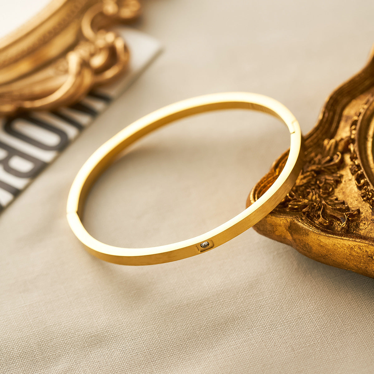 18K Gold-Plated Single Diamond Open Bracelet — 4mm Narrow