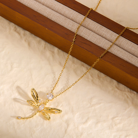 Korean 3D Dragonfly Gemstone Collarbone Necklace