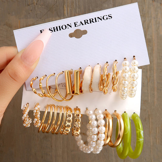 Retro Pearl & Metal Earring Set