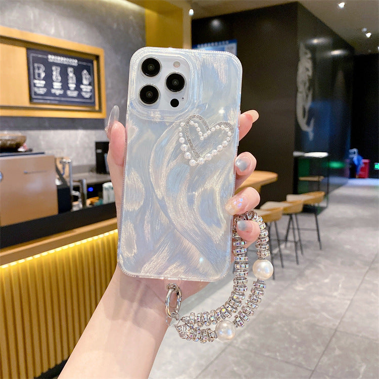 Silver Feather Case iPhone16 Pro 13 12 Diamond Pearl Heart Laser Hard Cover