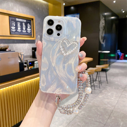 Silver Feather Case iPhone16 Pro 13 12 Diamond Pearl Heart Laser Hard Cover