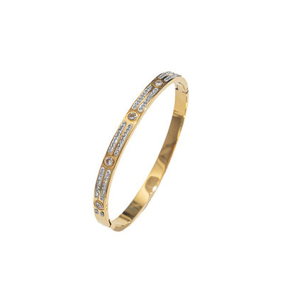 Pulsera sencilla y elegante de acero titanio con circón, oro rosa de 18 quilates 