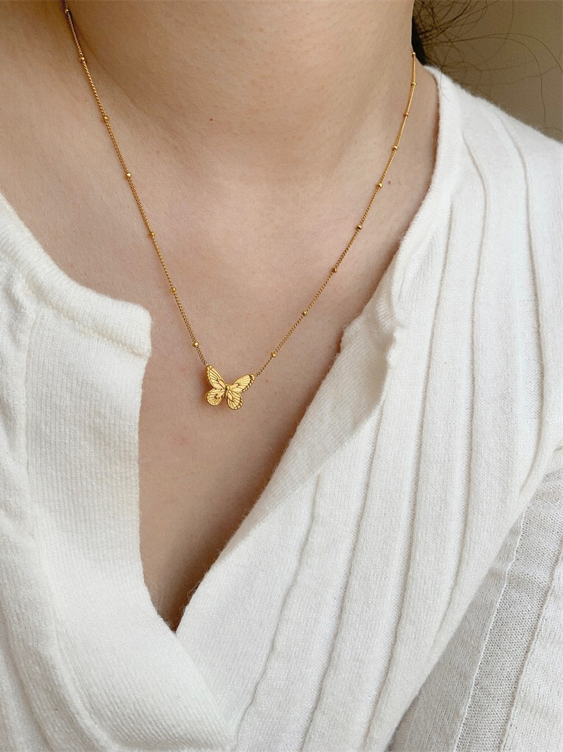 French-Inspired Titanium Steel Butterfly Bead Necklace